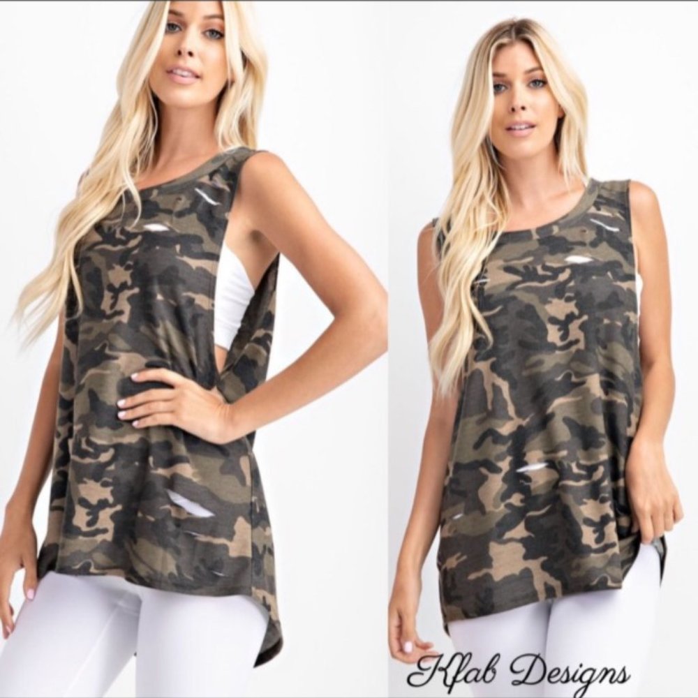 Laser Cut French Terry Camo Sleeveless Top - Picture 7 of 7
